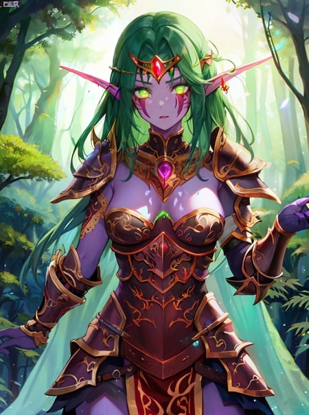 masterpiece, detailed, high quality, absurdres, nightelf, 1girl, solo, green hair, green eyes, purple skin, glowing eyes, (no pupils), facial mark, armor, strapless, pelvic curtain, hair ornament, forehead jewel, forest, night, animal, bow on back, cowboy shot, 