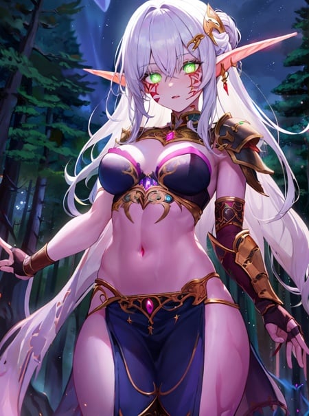 masterpiece, detailed, high quality, absurdres, nightelf, 1girl, solo, white hair, green eyes, pink skin, glowing eyes, (no pupils), facial mark, armor, strapless, bra, pelvic curtain, hair ornament, forest, night, night sky, cowboy shot, 