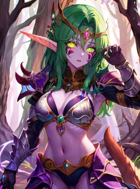 masterpiece, detailed, high quality, absurdres, nightelf, 1girl, solo, green hair, green eyes, purple skin, glowing eyes, (no pupils), facial mark, armor, bikini, hair ornament, forehead jewel, forest, night, animal, bow on back, cowboy shot, 