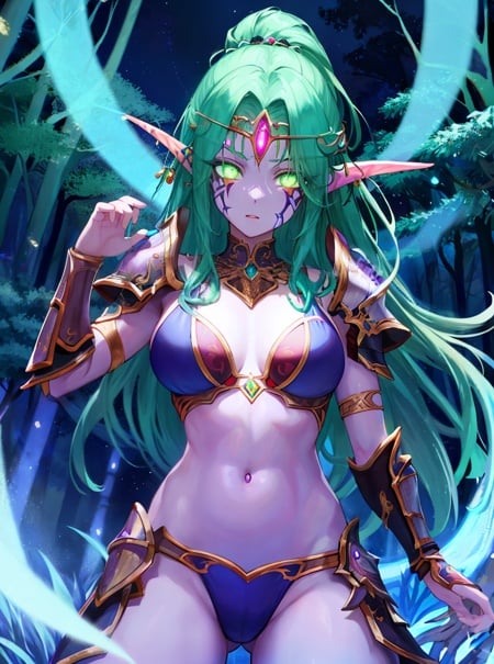 masterpiece, detailed, high quality, absurdres, nightelf, 1girl, solo, green eyes, glowing eyes, no pupils, facial mark, purple skin, armor, bikini, hair ornament, forehead jewel, forest, night, animal, bow on back, cowboy shot,