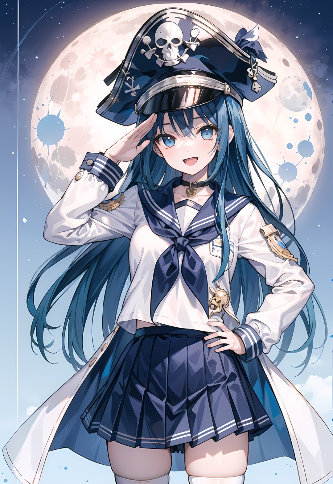 1girl, solo, thighhighs, skirt, blue eyes, long hair, hat, smile, sailor collar, pleated skirt, open mouth, multicolored hair, looking at viewer, long sleeves, black thighhighs, :d, blue skirt, very long hair, moon, shirt, pirate hat, bangs, neckerchief, blue sailor collar, zettai ryouiki, white shirt, coat, standing, watermark, hand on hip, salute, full moon