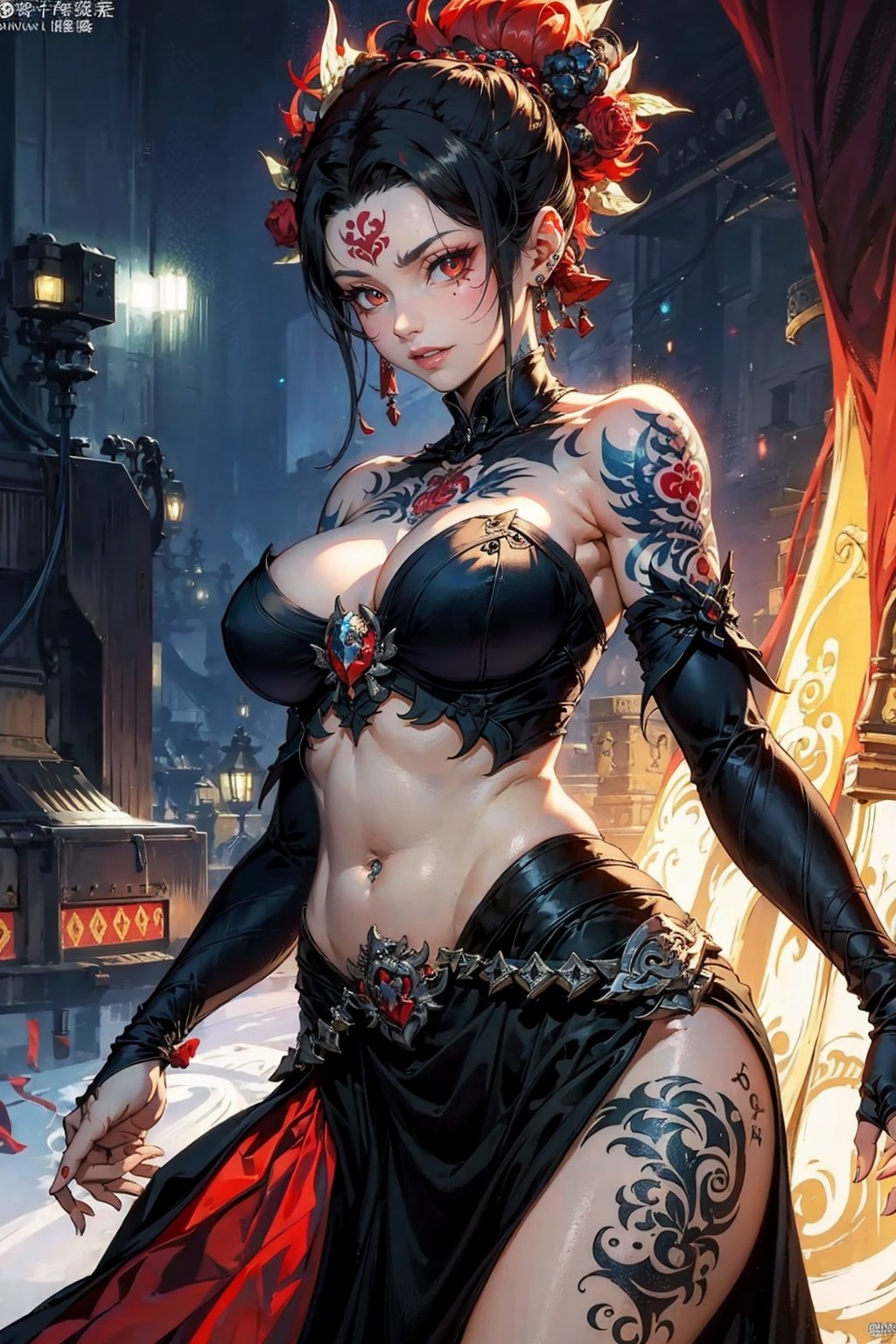 ((Best quality)), ((masterpiece)), ((highly intricate details)), 1girl,(tall,175cm),(muscular plump:1.2), (red eyes,detailed eyes),seductive expression,horny,evil smirk,(navel piercing),erotic pose,(red long dress), (tattoos:1.4), bimbo breasts, thicc, strong eyeliner, heavy make-up, (half_buzzcut,platinum hair),mall, clothing in background,(tone abs:0.8),zhongfenghua