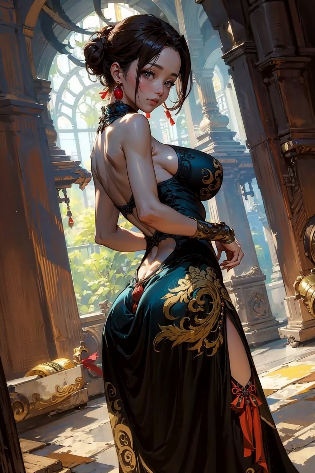 (masterpiece:1.3), (best quality:1.2), (intricate detailed:1.2), (hyperrealistic:1.2), highly detailed, illustration, absurd res, perspective, detailed background, cinematic lighting, blur background, a Chinese woman wearing a cheongsam, milf, mature woman, 1girl, (large breasts:1.2), perfect hands, detailed fingers, beautiful detailed eyes, updo hair, brown eyes, perfect eyes, seductive eyes, earrings, (sexy chinese dress:1.2), looking at the viewer, from front, standing,zhongfenghua