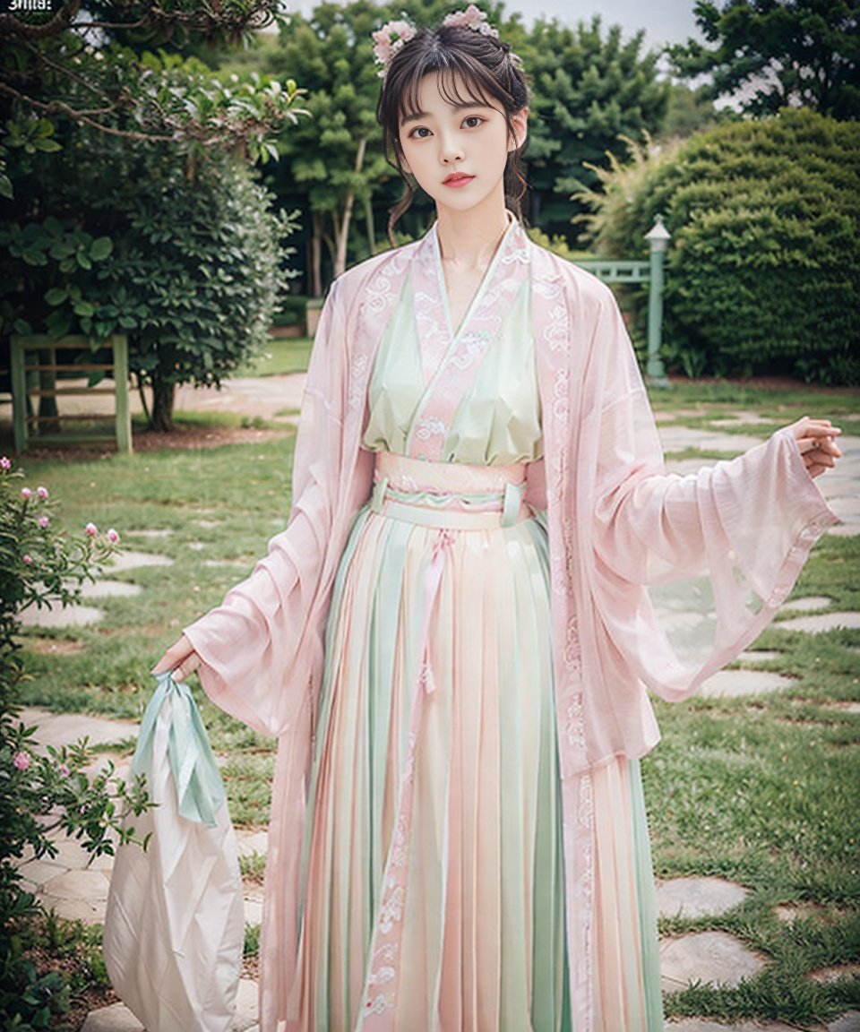 masterpiece, best quality,realistic,1girl,(hanfu, pink short shan,  gradient green pleated skirt, pink songmo),<lora:hanfuSong_v35:0.6>, upper body