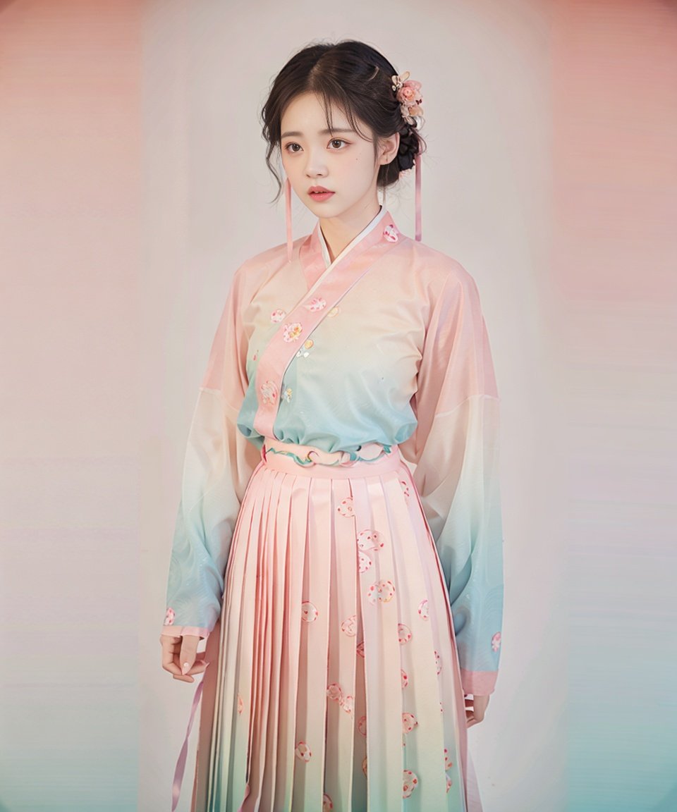 masterpiece, best quality,realistic,1girl,(hanfu, pink short shan,  red cyan gradient pleated skirt, orange songmo),<lora:hanfuSong_v35:0.6>, upper body