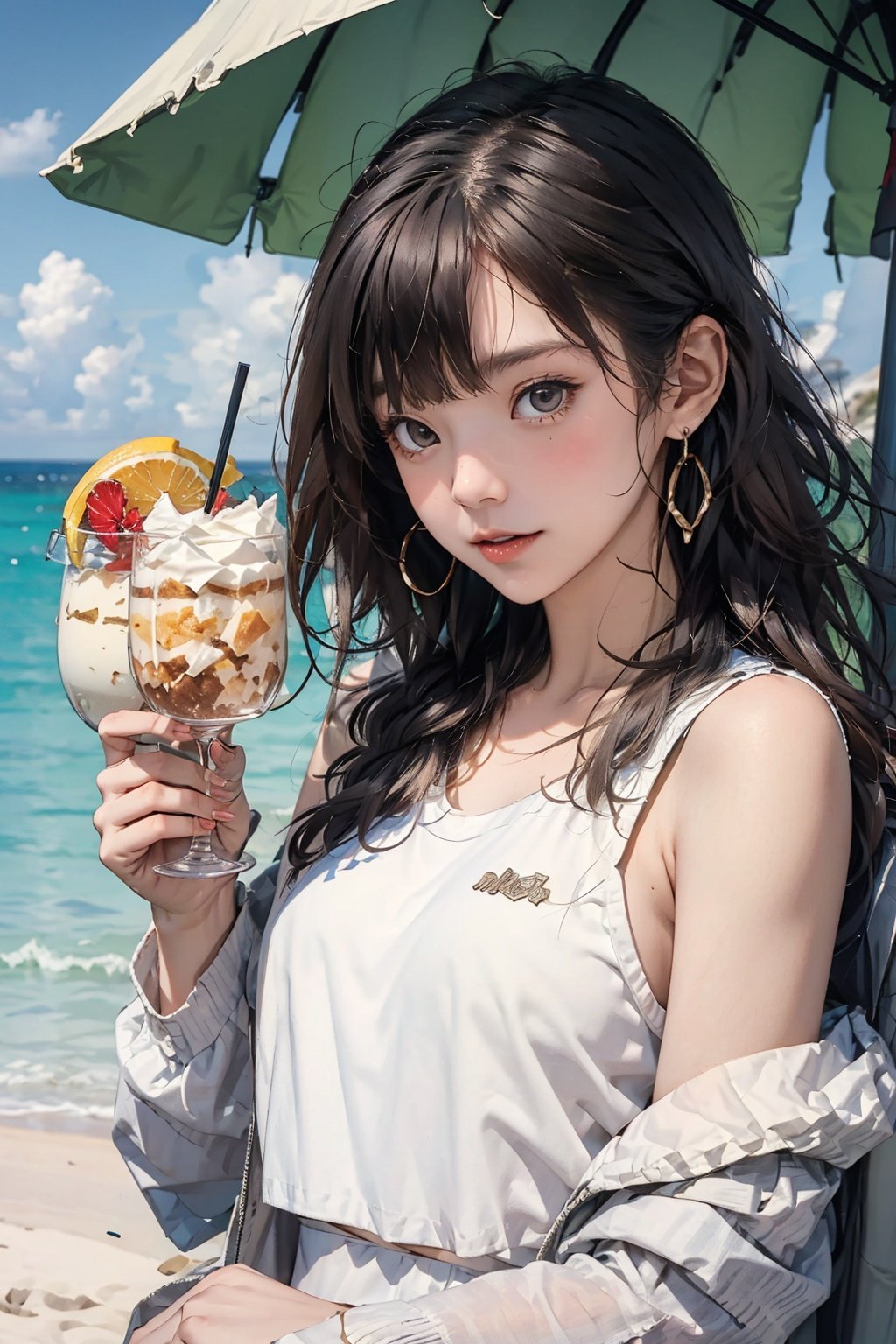 Masterpiece, Best, Summer, Colored, Beach, Upper Body, Sexy, Swimsuit, Girly, (Dessert), Goblet, action still,