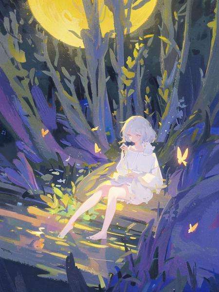 zhiyu,1girl,Forest,Night,best quality,highly detailed,FHD,Pond,(Mushrooms:0.8),1080P.2K.4K.8K,masterpiece,<lora:cure v1>,moonlight,Butterfly,dark,