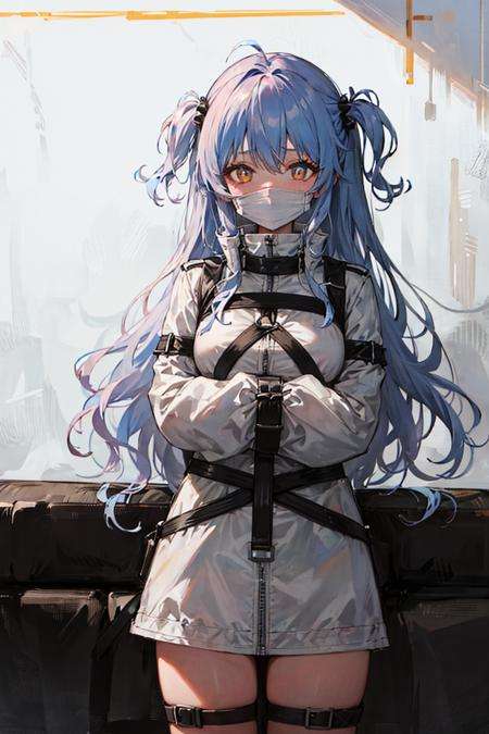 (masterpiece),solo,1girl,   <lora:StraitJacketV1:1>, standing:1.3, long hair,glowing eyes, no pupils,heart-shaped pupils, standing,surgical mask:1.3, white hair,wavy hair, very long hair, 
