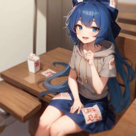 1girl, solo, yorigami shion, blue hair, very long hair, blue eyes, hair bow, grey hoodie, short sleeves, blue skirt, sitting, looking at viewer, across table pov, restaurant, smile, open mouth  <lora:char-shion:1>