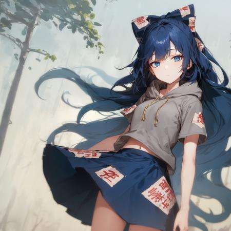 1girl, solo, yorigami shion, blue hair, very long hair, blue eyes, hair bow, grey hoodie, short sleeves, blue skirt, standing, looking at viewer, expressionless, outdoors  <lora:char-shion:1>