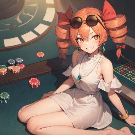 1girl, solo, yorigami jo'on, orange hair, drill hair, eyewear on head, orange eyes, jewelry, bow, white dress, pendant, earrings, sitting, looking at viewer, casino, grin <lora:char-joon:1>