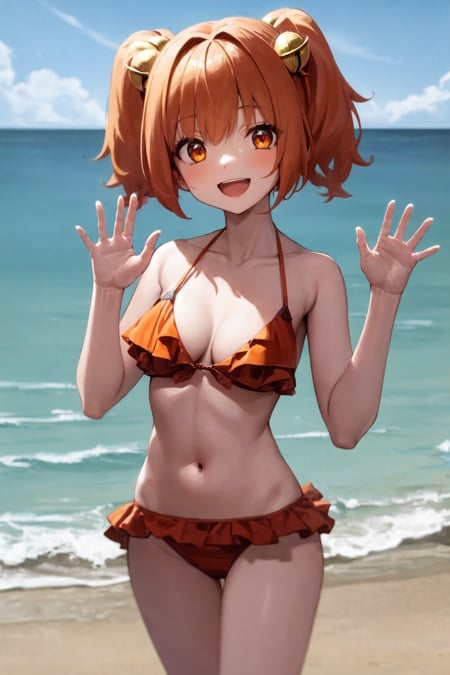 1girl, solo, motoori kosuzu, orange hair, twintails, bell, hair ornament, orange eyes, medium breasts, frilled bikini, checkered bikini, standing, smile, open mouth, waving, outdoors, beach  <lora:kosuzu:1>