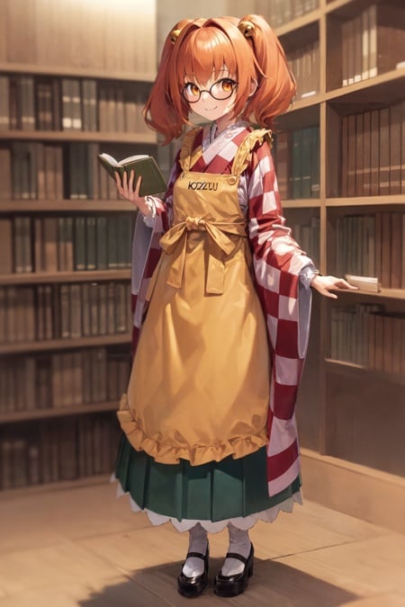 1girl, solo, motoori kosuzu, (kosuzu), orange hair, twintails, bell, hair ornament, orange eyes, glasses, checkered kimono, green skirt, yellow apron, standing, looking at viewer, library, holding book, smile  <lora:kosuzu:1>