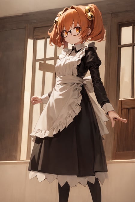 1girl, solo, motoori kosuzu, orange hair, twintails, bell, hair ornament, orange eyes, glasses, maid uniform, black dress, white apron, standing, looking at viewer, :\<, cafe, indoors <lora:kosuzu:1>