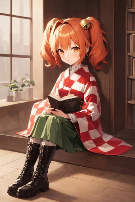 1girl, solo, motoori kosuzu, orange hair, twintails, bell, hair ornament, orange eyes, checkered kimono, green skirt, leather boots, sitting, looking at viewer, book store, :\> <lora:kosuzu:1>