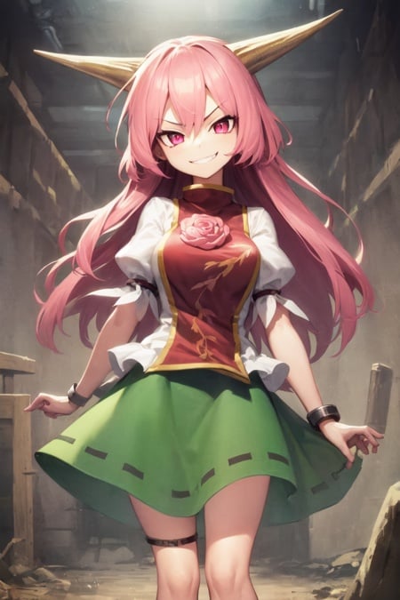 1girl, solo, kasen ibaraki, kasendouji, very long hair, pink hair, pink eyes, horns, manacles, black tabard, puffy sleeves, short sleeves, green skirt, standing, smirk, looking at viewer, underground <lora:kasen:1>