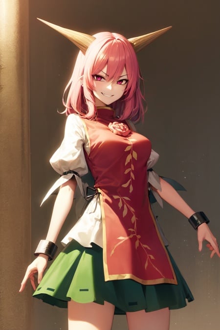 1girl, solo, kasen ibaraki, kasenarm, pink hair, pink eyes, horns, manacles, tabard, puffy sleeves, short sleeves, green skirt, standing, smirk, looking at viewer, underground <lora:kasen:1>