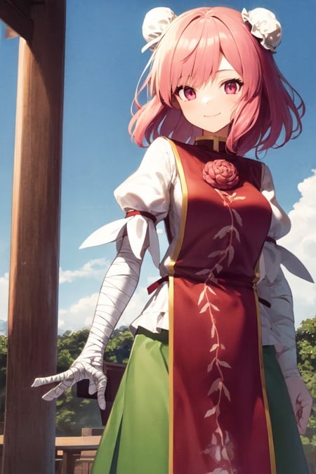 1girl, solo, kasen ibaraki, pink hair, pink eyes, bun covers, tabard, puffy sleeves, short sleeves, bandages, green skirt, standing, smile, outdoors, looking at viewer, japanese architecture  <lora:kasen:1>