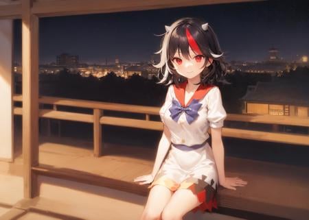 1girl, (kijin seija), breasts, solo, streaked hair, black hair, short hair, multicolored hair, horns, red eyes, (white dress), puffy sleeves, short sleeves, sailor collar, blue bow, sitting, japanese architecture, balcony, night, dark, fantasy, looking at viewer, smile <lora:char-seija-64:1>