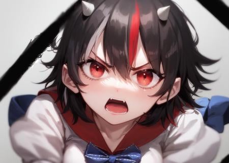 1girl, (kijin seija), breasts, solo, streaked hair, black hair, short hair, multicolored hair, horns, red eyes, (white dress), puffy sleeves, short sleeves, sailor collar, blue bow, close-up, crazy eyes, wide-eyed, constricted pupils, angry, open mouth <lora:char-seija-64:1>