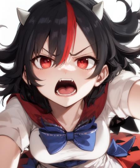 1girl, (kijin seija), breasts, solo, streaked hair, black hair, short hair, multicolored hair, horns, red eyes, (white dress), puffy sleeves, short sleeves, sailor collar, blue bow, close-up, crazy eyes, wide-eyed, constricted pupils, angry, open mouth <lora:char-seija-64:1>