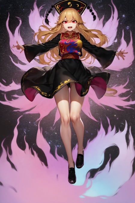 1girl, solo, junko \(touhou\), long hair, blonde hair, red eyes, black headwear, black dress, long sleeves, tabard, angry, crazy eyes, open mouth, smile, looking at viewer, full body, floating, (spectral tails, purple flames), space, stars <lora:char-junko-64:1>