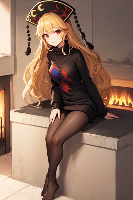 1girl, solo, junko \(touhou\), long hair, blonde hair, red eyes, black headwear, turtleneck, black sweater, fireplace, comfy, smile, looking at viewer, sitting <lora:char-junko-64:1>