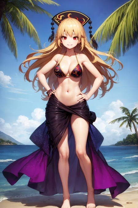 1girl, solo, junko \(touhou\), long hair, blonde hair, red eyes, bikini, navel, hand on hip, standing, (spectral tails, purple flames), outdoors, beach, palm tree, looking at viewer, smile <lora:char-junko-64:1>