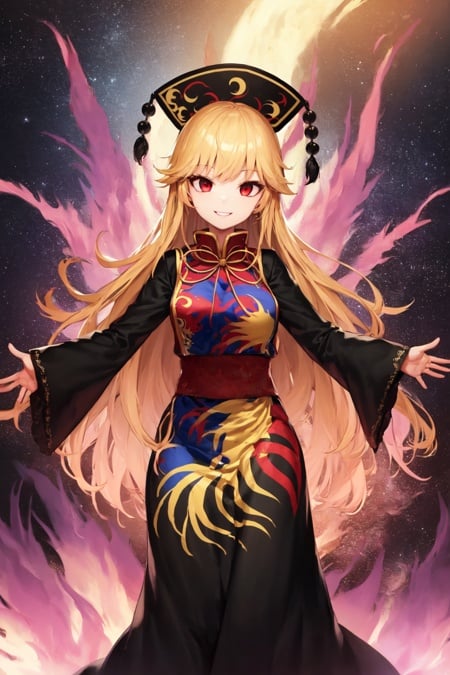 1girl, solo, junko \(touhou\), long hair, blonde hair, red eyes, black headwear, black dress, long sleeves, tabard, smile, looking at viewer, standing, spread arms, spectral tails, purple fire, space, stars <lora:char-junko-64:1>