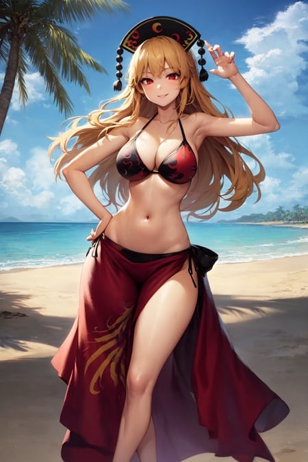 1girl, solo, junko \(touhou\), long hair, blonde hair, red eyes, bikini, navel, hand on hip, standing, spectral tails, outdoors, beach, palm tree, looking at viewer, smile <lora:char-junko-8dim:1>