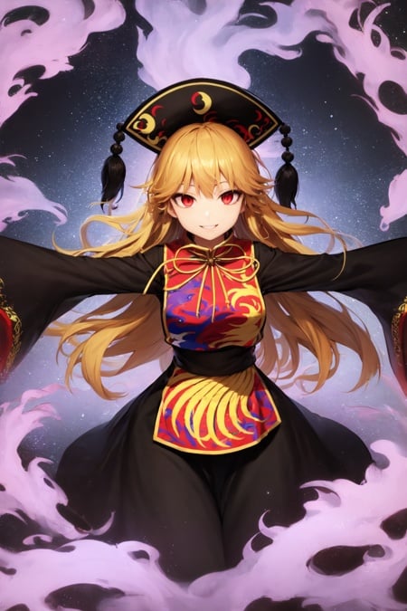 1girl, solo, junko \(touhou\), long hair, blonde hair, red eyes, black headwear, black dress, long sleeves, tabard, smile, looking at viewer, standing, spread arms, spectral tails, purple fire, space, stars  <lora:char-junko-8dim:1>