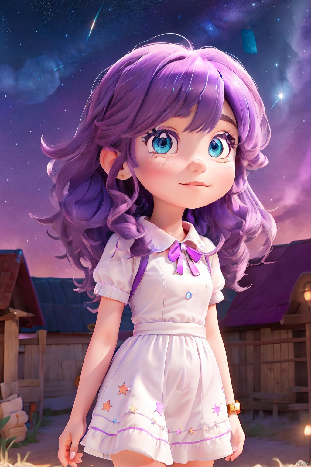  masterpiece, best quality, illustration, stars in the eyes,dishevelled hair,Starry sky adorns hair,1 girl,sparkling anime eyes,beautiful detailed eyes, beautiful detailed stars,blighting stars,emerging dark purple across with white hair,multicolored hair,beautiful detailed eyes,beautiful detailed sky, beautiful detailed water, cinematic lighting, dramatic angle,