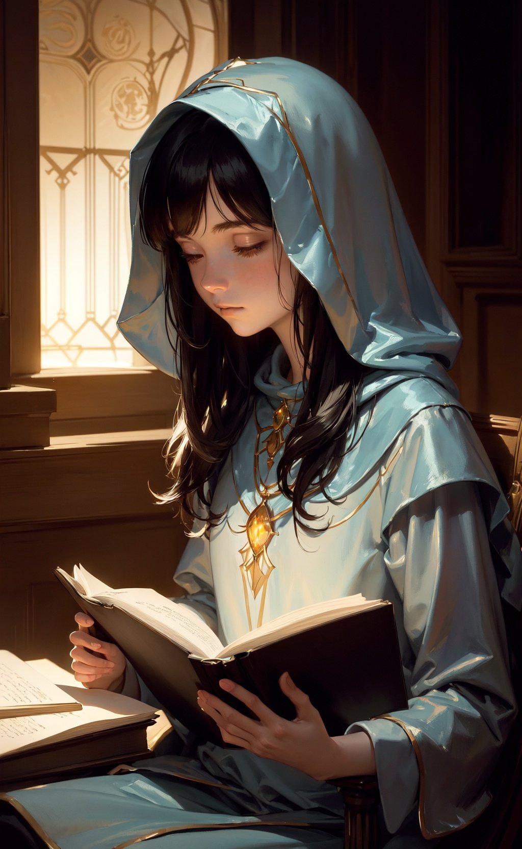 masterpiece, best quality, John Singer Sargent, young sorceress studying, hood up, moody lighting, tranquil, calm, glow, glowing, mystical, magical, rim lighting