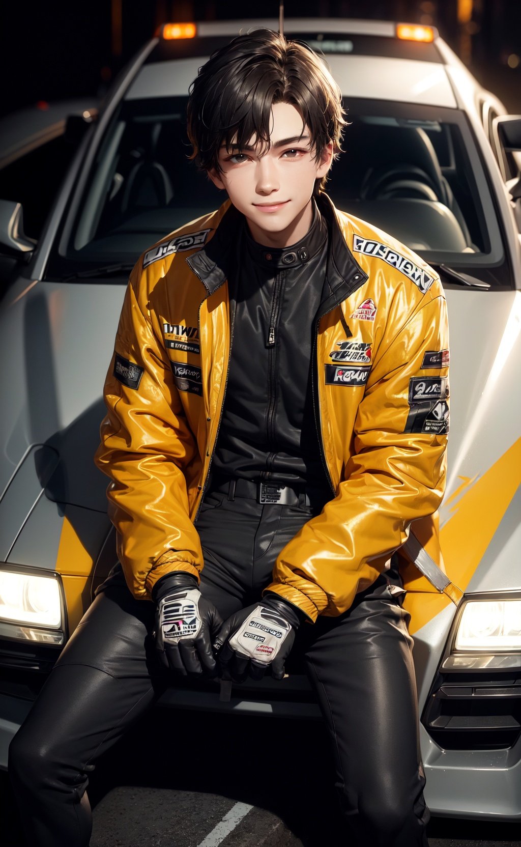 masterpiece, best quality, 1boy, underground street racing, oversized racing jacket, racing gloves, oversized clothes, car night, glow, glowing, close-up, smug, (smile:0.7), (from above:0.7)