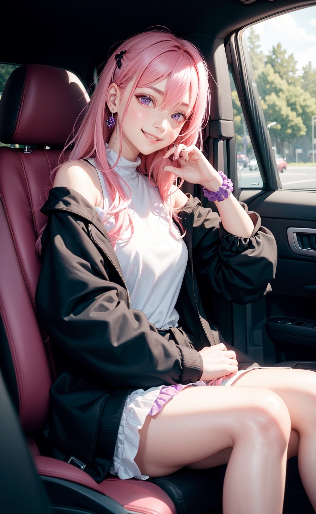 (masterpiece, best quality), 1girl sitting in a car, 1girl, jewelry, smile, looking at viewer, car interior, solo, pink hair, purple eyes, steering wheel, blush, long hair, white shirt, off shoulder, black jacket, hair between eyes, long sleeves, wrist scrunchie