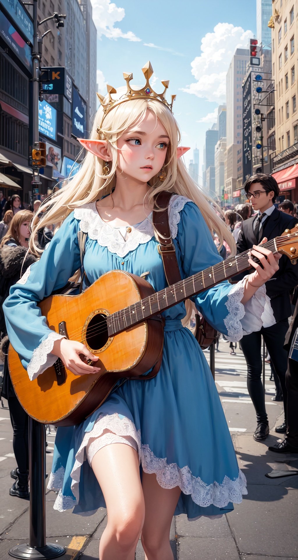 masterpiece, best quality, 1girl, the cloud elf queen busks on the streets of new york, small crowd gathering around the performance, casual