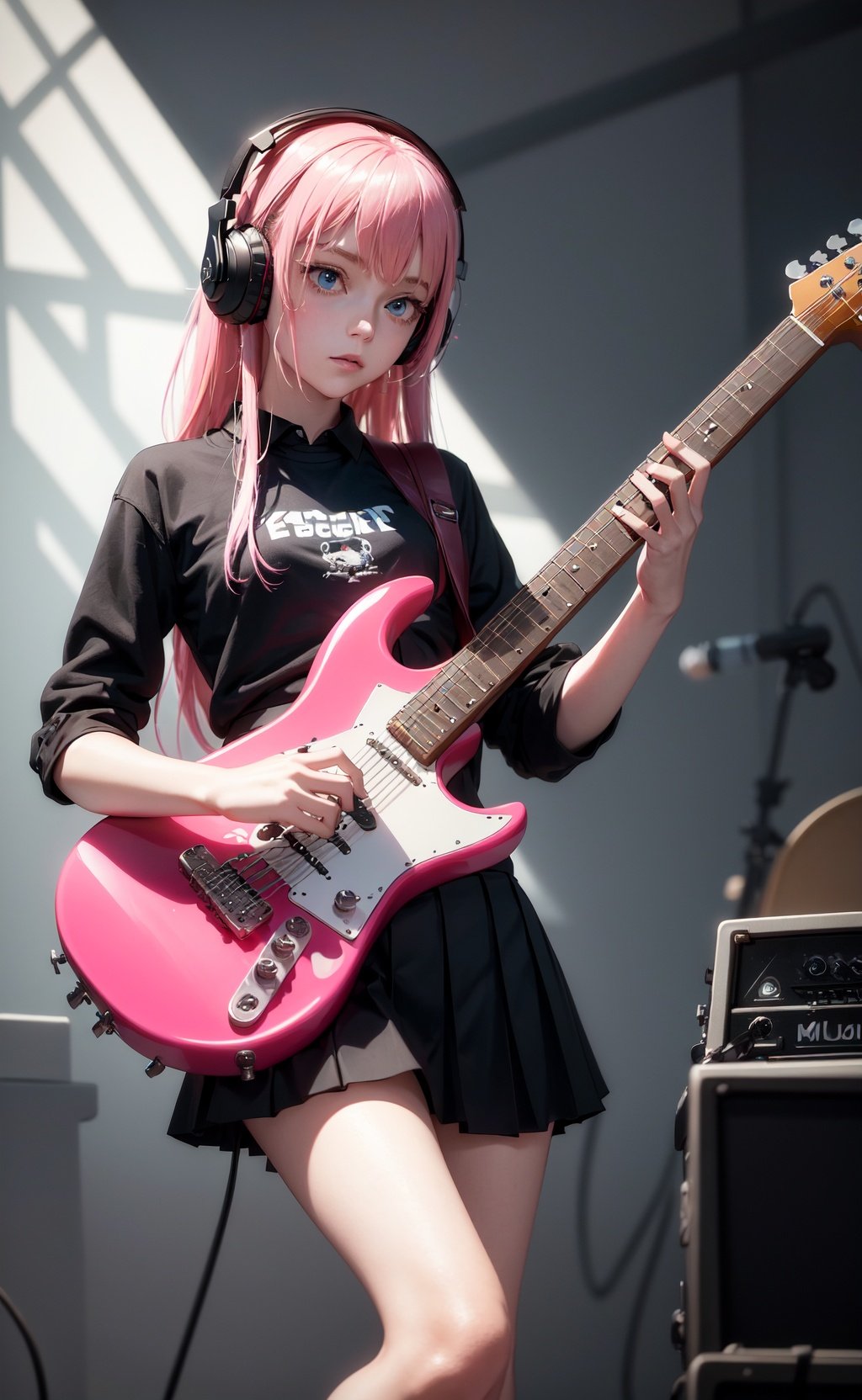((masterpiece, best quality)), 1girl, solo, black skirt, blue eyes, electric guitar, guitar, headphones, holding, holding plectrum, instrument, long hair, music, one side up, pink hair, playing guitar, pleated skirt, black shirt, indoors