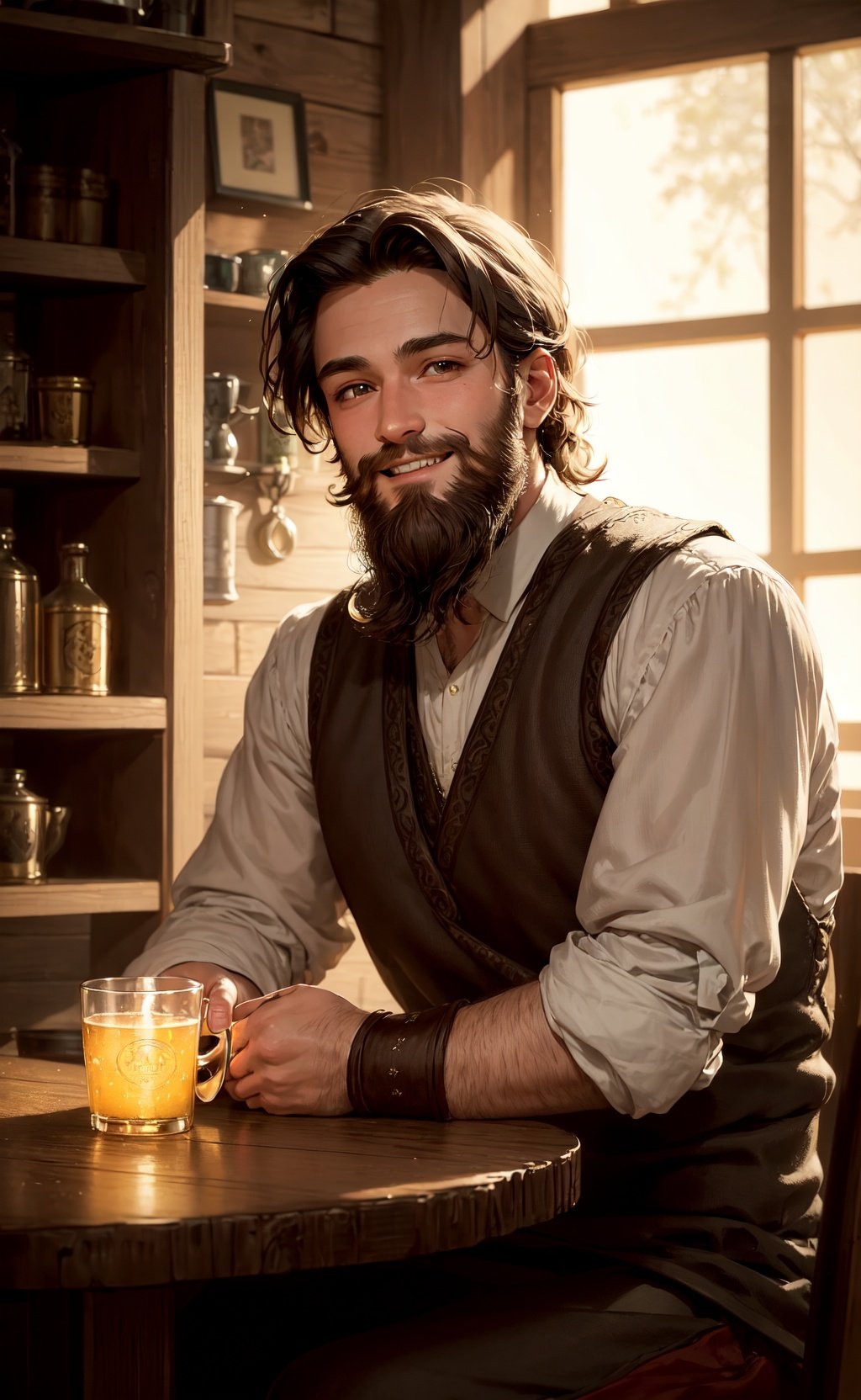 masterpiece, best quality, 1boy, innkeeper, short hair, beard, soft warm lighting, tankard, smile, looking at viewer, relaxed, cozy, tavern