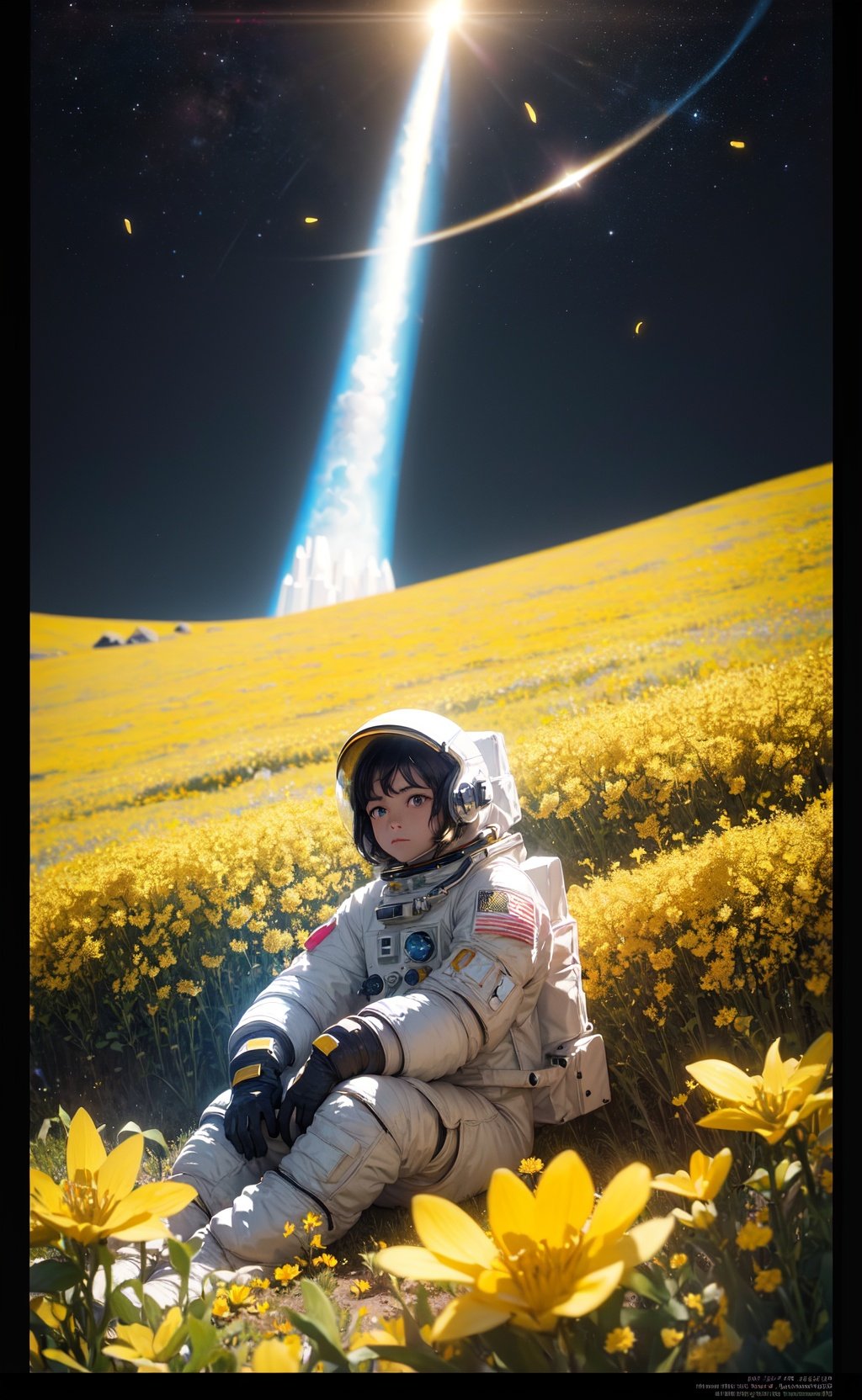(masterpiece, best quality), cinematic composition, letterboxed, depth of field, solo focus, astronaut sitting in a field of yellow flowers with resting on the ground, gloves, yellow flower, black gloves, spacesuit, science fiction, sunlight, black hair, blue eyes, looking at viewer