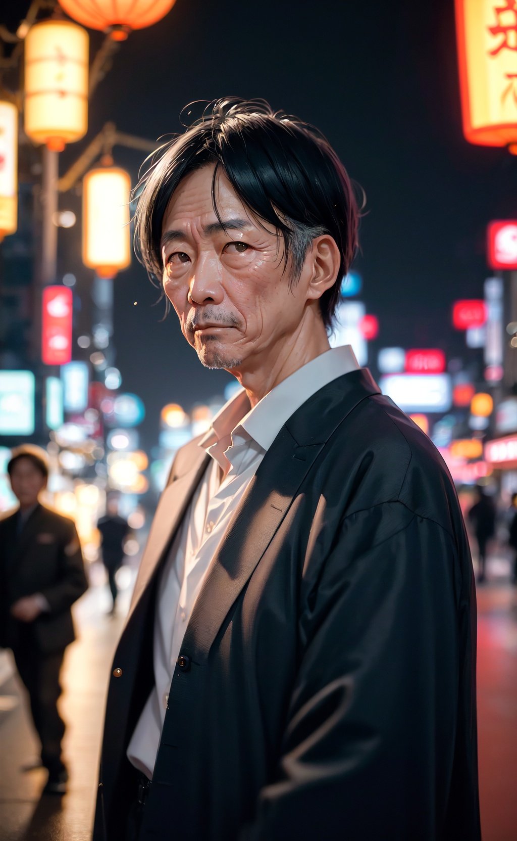 RAW photo, a portrait photo of 50 y.o japanese man in clothes, night tokyo, (high detailed skin:1.2), 8k uhd, dslr, soft lighting, high quality, film grain, Fujifilm XT3