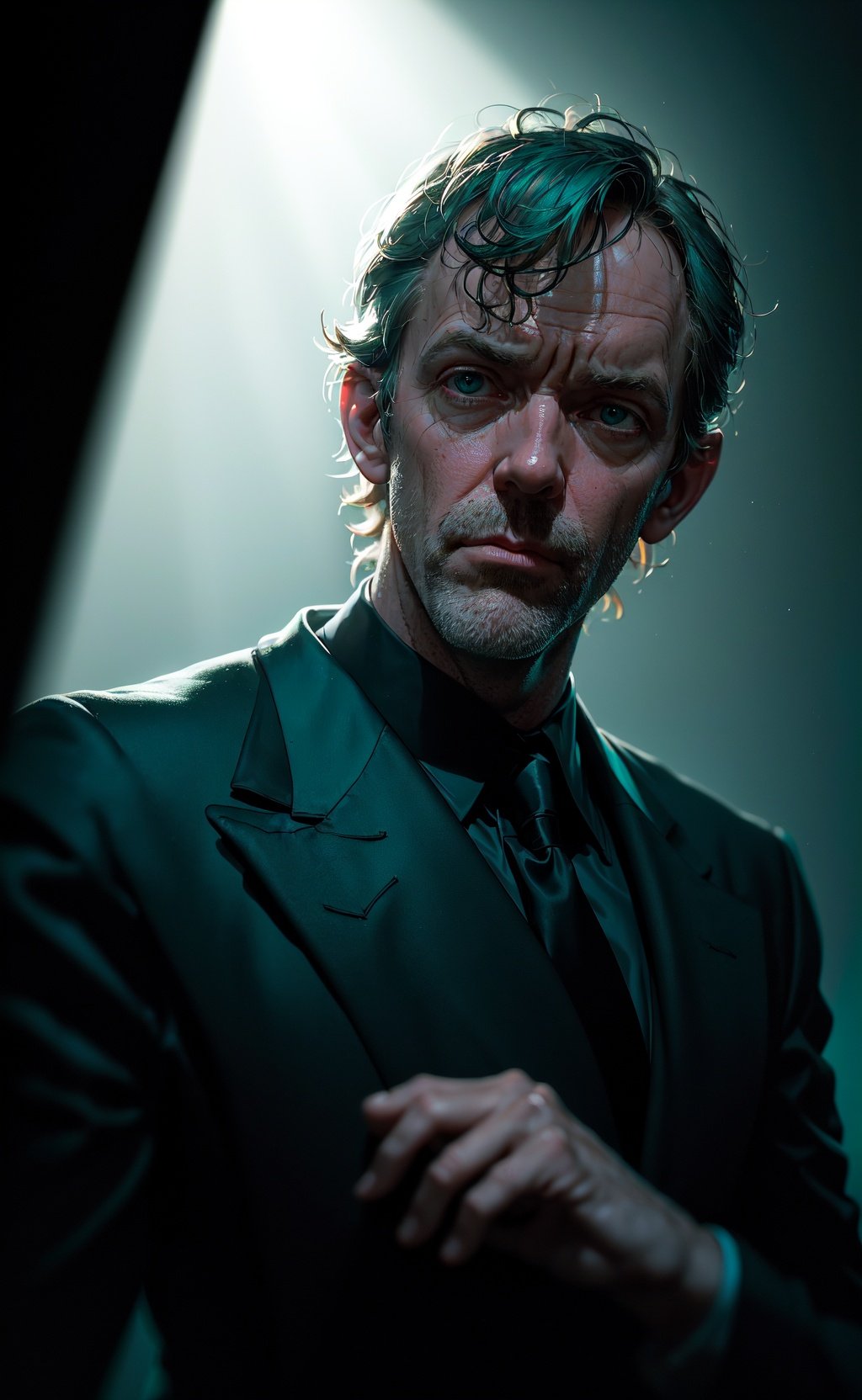 portrait of a award winning photo of hugh laurie posing in a dark studio, (rim lighting,:1.4) two tone lighting, sharp focus, teal hue, octane, unreal, dimly lit, low key