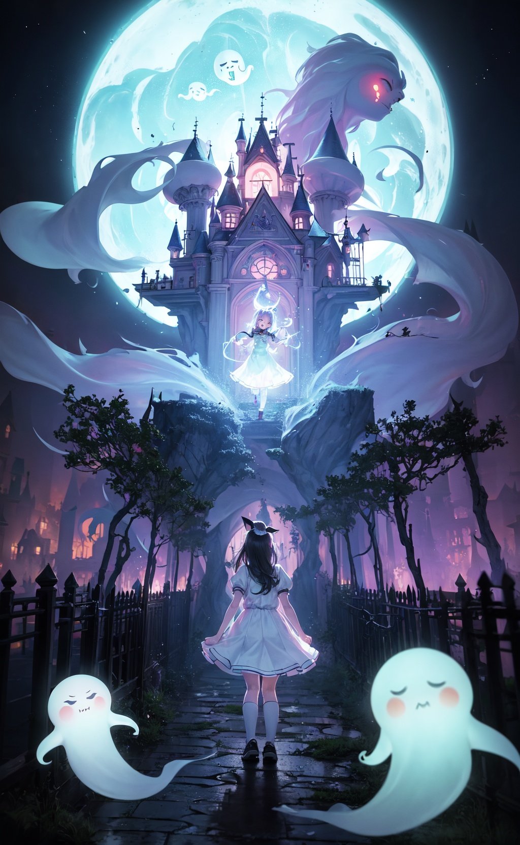 masterpiece, best quality, schoolgirl exploring a haunted theme park, haunted by cute chibi ghosts, cute, whimsical, glow, glowing, fun, silly, mystical, magical, arcane, funny, amusing