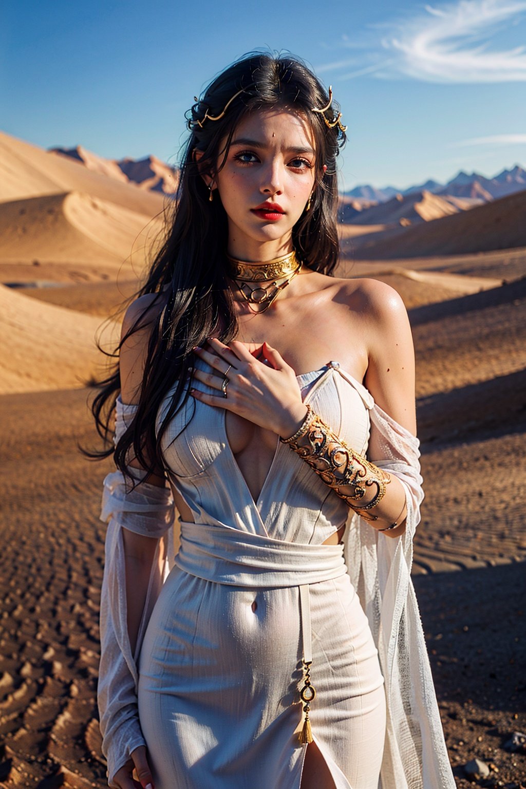  UHD, retina, masterpiece, ccurate, anatomically correct, textured skin, super detail, high details, high quality, best quality, highres, 16k,agirl, standing in desert, Background in the middle of the desert, Haut du corps, eyes looking at the lens, Cold eyes, with hands folded on his chest,((medusa))