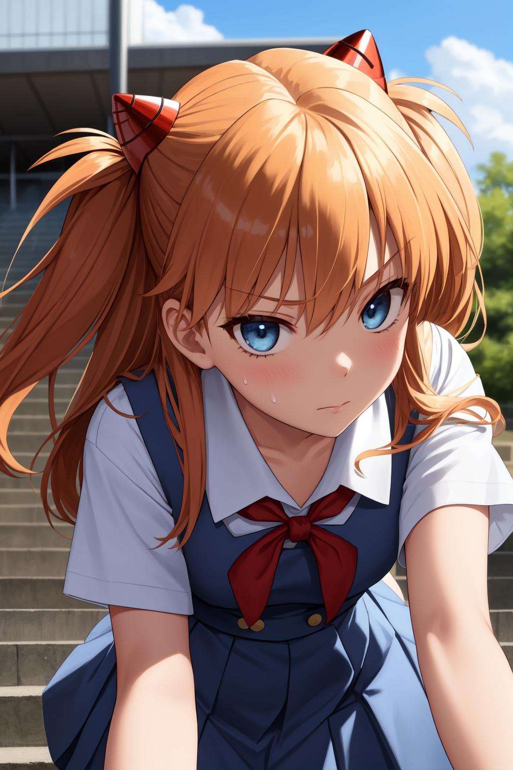 (masterpiece, best quality:1.2), (tsurime:1.2),(face focus, face close-up, close-up face:1.2), tsurime, 1girl, souryuu asuka langley, solo, blue eyes, school uniform, looking at viewer, long hair, looking back, tokyo-3 middle school uniform, orange hair, white shirt, from behind, shirt, short sleeves, closed mouth, bangs, two side up, stairs, feet out of frame, white socks, suspender skirt, blue skirt, blue dress, outdoors, dress, hair ornament, <lora:Tsurime:1>