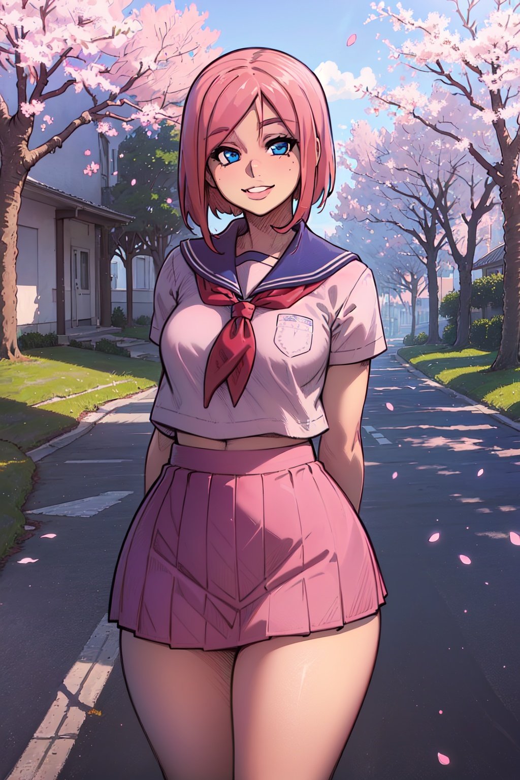 schoolgirl, pink hair, small breasts, (wide hips:1.2), standing, smile, school uniform, blue miniskirt, hands at sides, looking at viewer, outside, near tree, arms behind back, (road:0.6), pov, looking at viewer, facing viewer, perfect eyes, blue eyes, cherry blossom