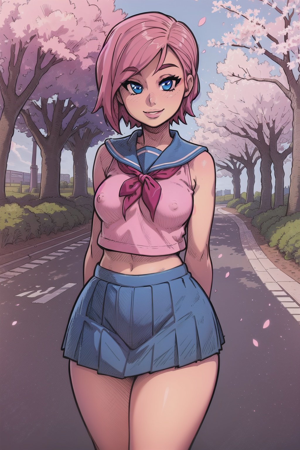 schoolgirl, pink hair, small breasts, (wide hips:1.2), standing, smile, school uniform, blue miniskirt, hands at sides, looking at viewer, outside, near tree, arms behind back, (road:0.6), pov, looking at viewer, facing viewer, perfect eyes, blue eyes, cherry blossom