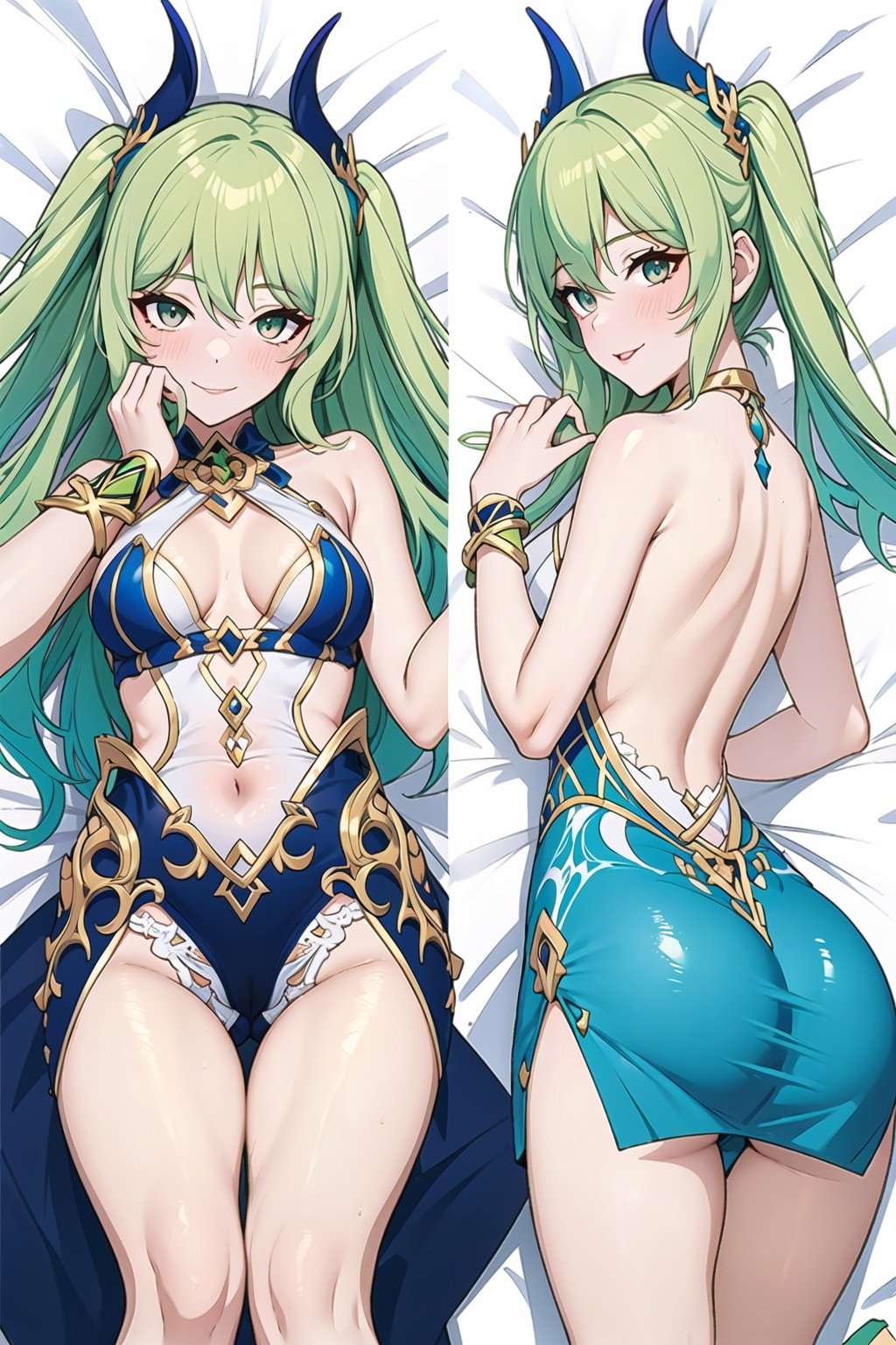 (8k, best quality, masterpiece), ultra-detailed, (high detailed skin),, 2girls, dakimakura, double views, white bed sheet, (on back:1.2), (ass,looking back:1.1),top-down bottom-up on right view,
(twintails, mbsw, blue long skirt:1.1),(blue dress:1.1), horns,(green hair:1.3), detailed eyes,
(beautiful_face), ((intricate_detail)), dress,skirt,
((finely_detailed)), fine_fabric_emphasis,
((glossy)),mbac