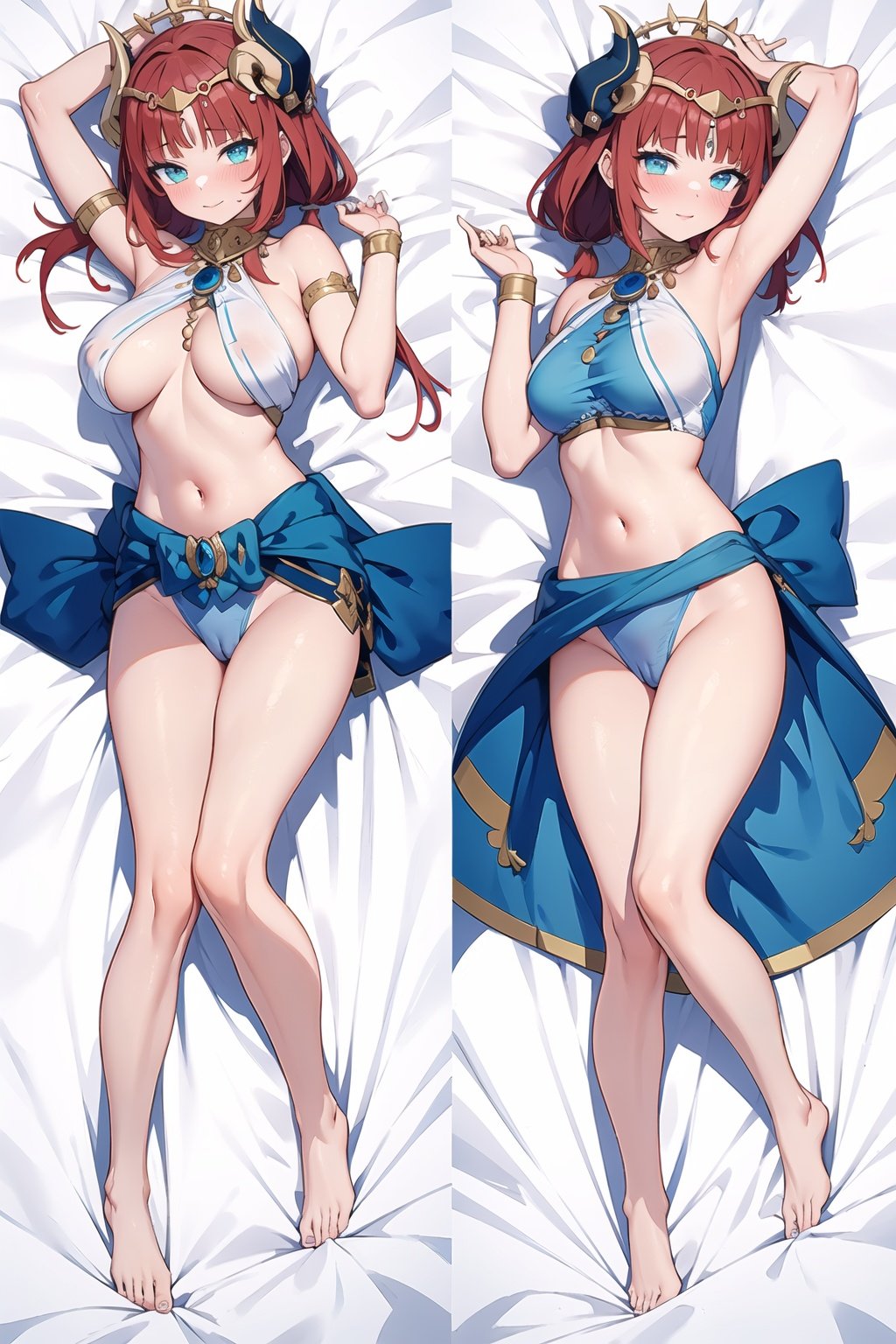 (8k, best quality, masterpiece), ultra-detailed, (high detailed skin),
, 2girls, dakimakura, double views, white bed sheet, (on back:1.2), (ass,looking back:1.1),top-down bottom-up on right view,
nilou,1girl, breasts, jewelry, armpits, dancer, horns, navel, bangs, blush, stomach, veil, skirt, thighs, twintails, thighlet,
(beautiful_face), ((intricate_detail)), (revealing clothes:1.2),
((finely_detailed)), fine_fabric_emphasis,
((glossy)),yukong,fox tail,shenhe,nilou