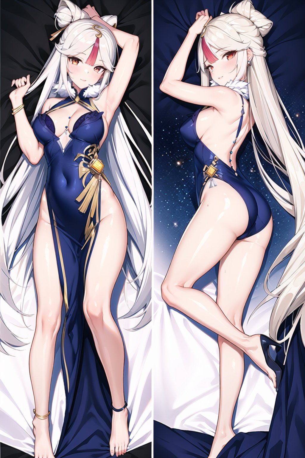 (8k, best quality, masterpiece), ultra-detailed, (high detailed skin),
, 2girls, dakimakura, double views, white bed sheet, (on back:1.2), (ass,looking back:1.1),top-down bottom-up on right view,
(nguanglf:1.1), long dress,cleavage, constellation, covered_navel, blue dress, fur_collar, fur_trim, galaxy, jewelry, long_hair, medium_breasts, silver_hair, space, starry_sky_print, very_long_hair,
(beautiful_face), ((intricate_detail)), (revealing clothes:1.2),
((finely_detailed)), fine_fabric_emphasis,
((glossy)),yukong,nguang