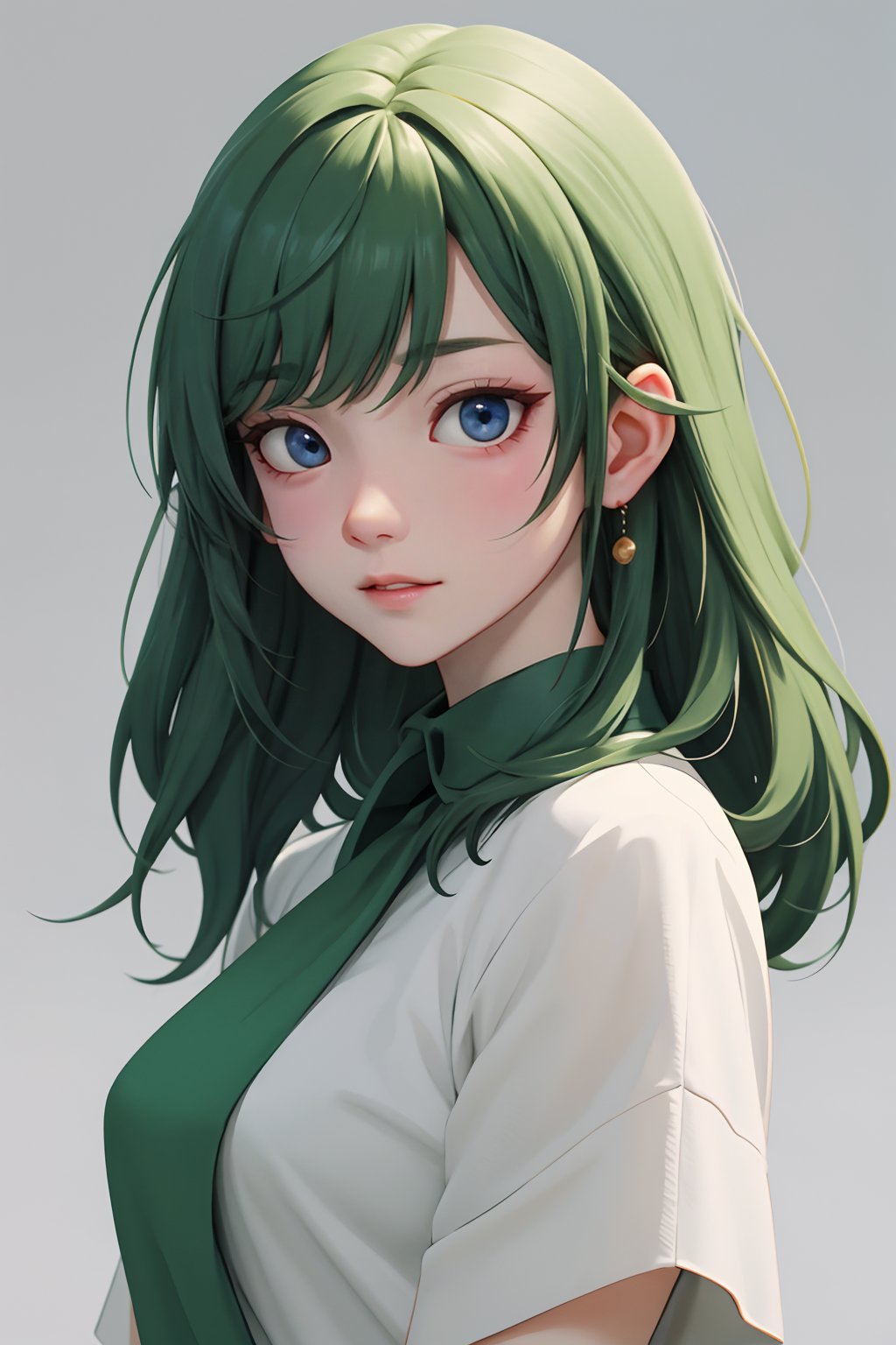  blunt bangs, masterpiece, best quality, best illustration, ultra-detailed, upper body, solo, 1 girl, looking at viewer, upright, arms at sides, beautiful detailed eyes, concept art, white background, simple background, white hair, green gradient hair, expressionless, blush, virtual youtuber, short hair,blonde hair, monkren, 2.5D